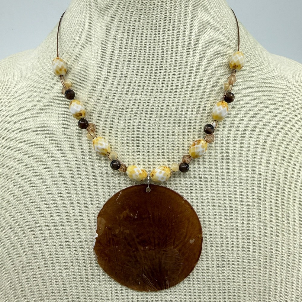 Earthy Brown Shell Pendant Necklace Cream Boho Beaded Statement Gift 14in